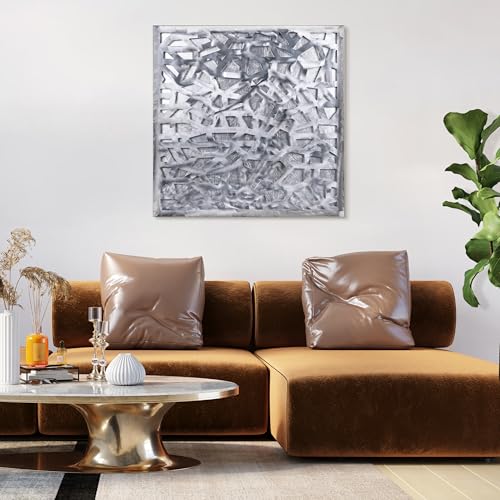 Abstract 3D Polished Steel Wall Art with Silver Leaf, Modern Metal Sculpture for Living Room or Office, 32"x32"