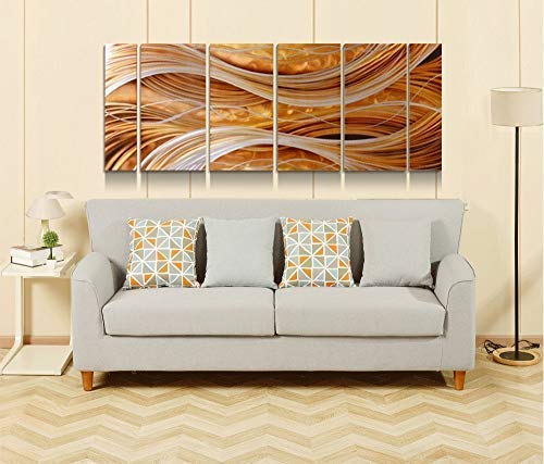 Set of 6 Handcrafted Aluminum Abstract Wall Art Panels, Modern Gold and Silver Wavy Metal Sculpture for Living Room, Office or Hotel Decor