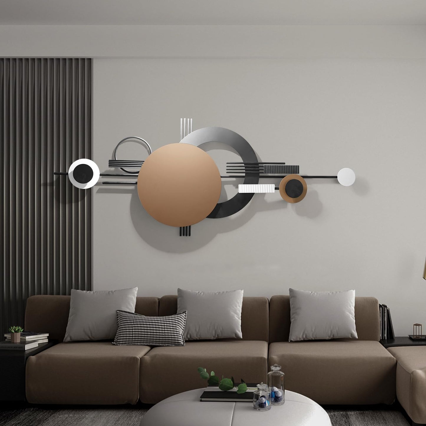 Modern Geometric Metal Wall Art with Lights, Black and Brown Decorative Wall Sculpture for Living Room or Office 49.2"x19.2"