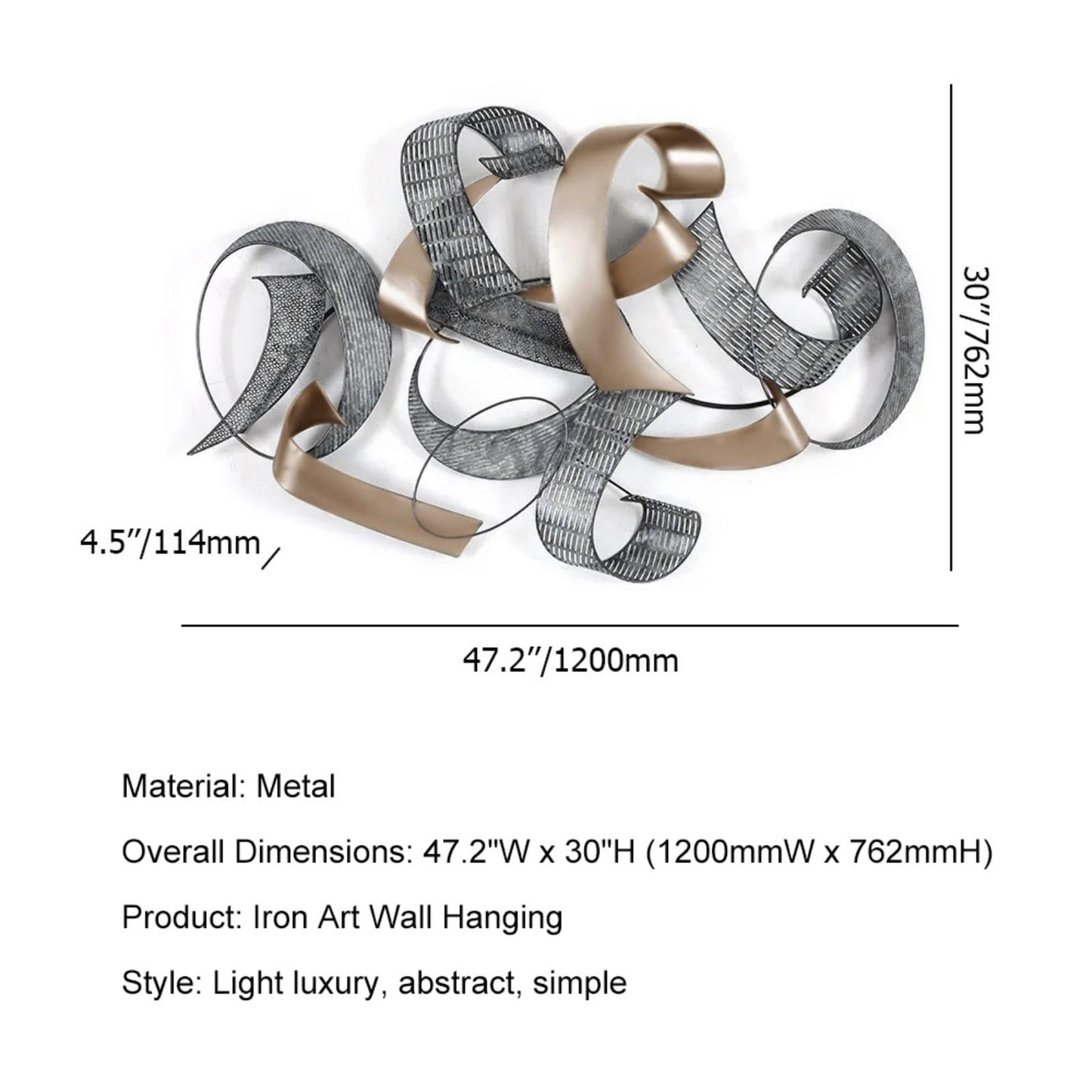Modern 3D Abstract Geometric Metal Wall Art, Overlapping Iron Design for Living Room, Dining Room or Office 47.2"