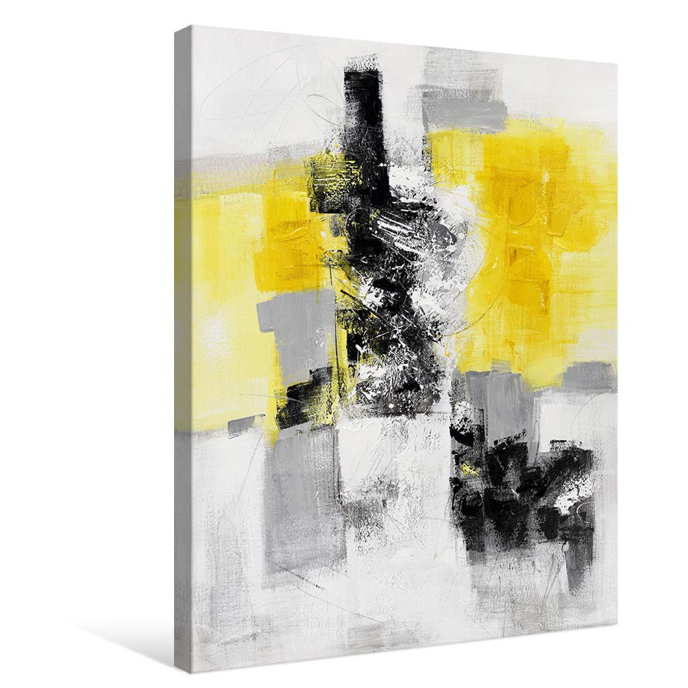 Yellow, Black and White Abstract Canvas Wall Art, Large Framed Painting for Bedroom, Living Room, Kitchen or Office 48"x32"