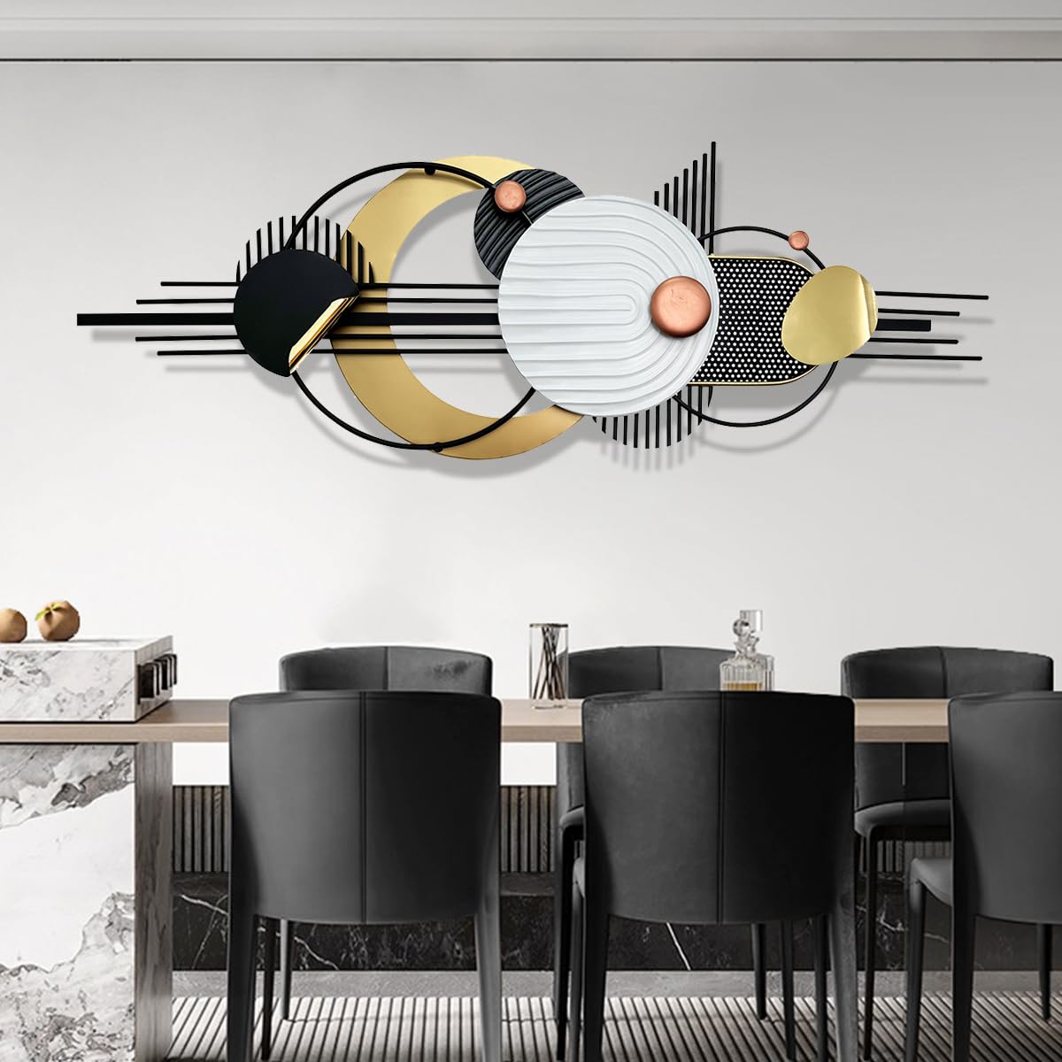 Modern Metal Wall Art, 3D Black, White & Gold Geometric Wall Sculpture, Minimalist Large Wall Decor for Living Room, Bedroom, Bathroom, or Study (59" x 21")