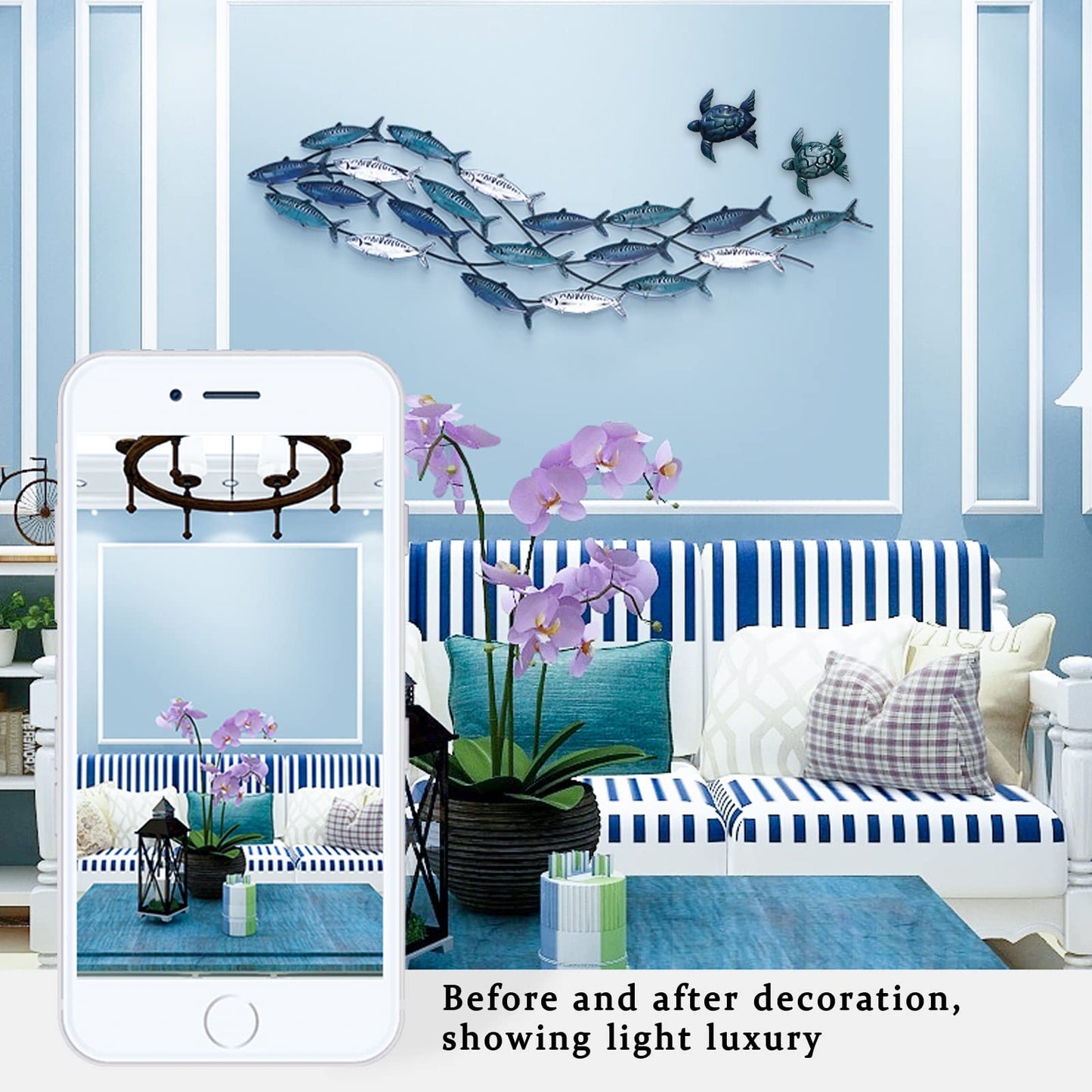 Coastal Metal Fish Wall Art with Two Metal Turtles, Modern Nautical Sculpture for Beach-Themed Living Room or Bedroom