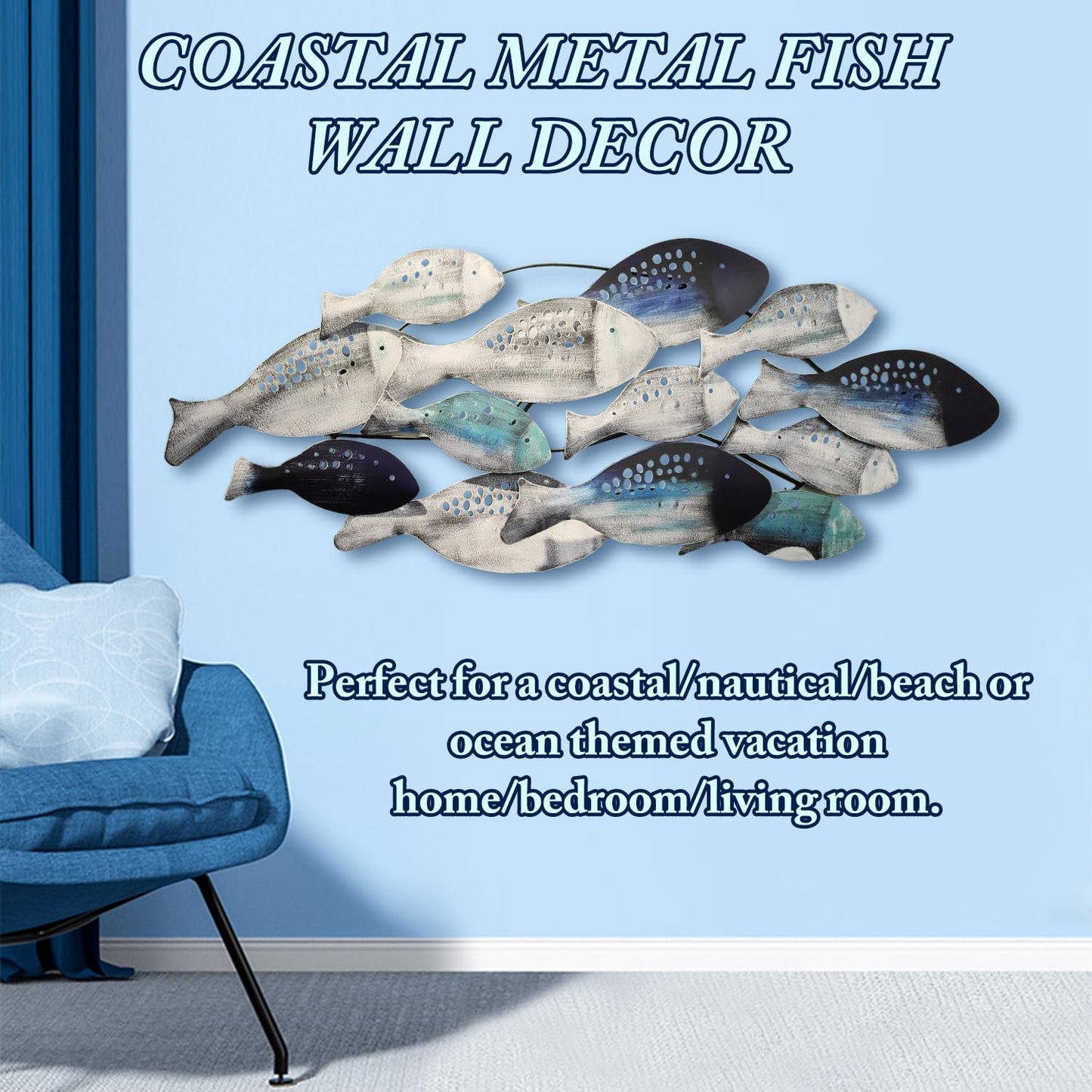 Coastal Ocean 3D Metal Fish Wall Sculpture, Hand-Painted Hanging Decor for Living Room, Bedroom or Dining Room 50"x20"