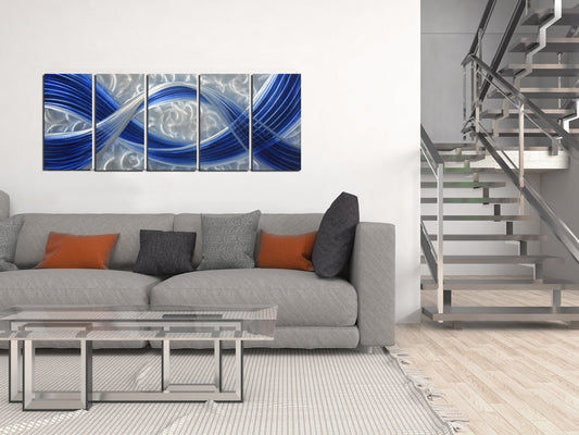 5-Panel Abstract Metal Wall Art, Dark Blue Lines on Silver Aluminum Background, Modern Indoor and Outdoor Wall Sculpture 64"x24"