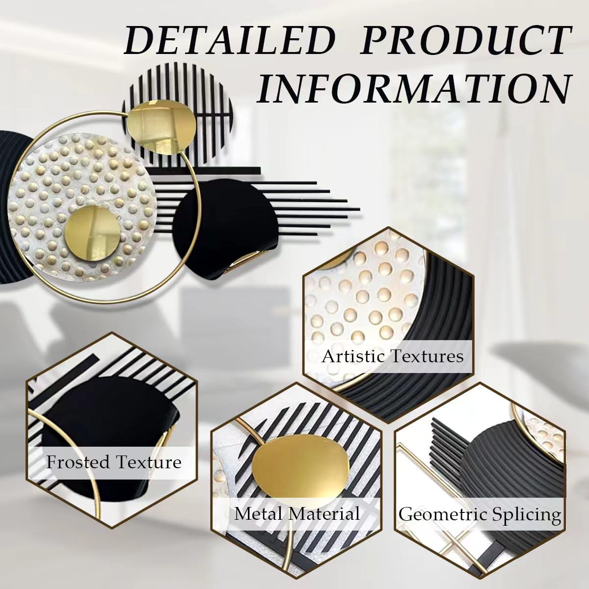 Metal Wall Art in Black and Gold, Modern Abstract Geometric Sculpture for Living Room, Dining Room, Bedroom, or Bathroom Decor