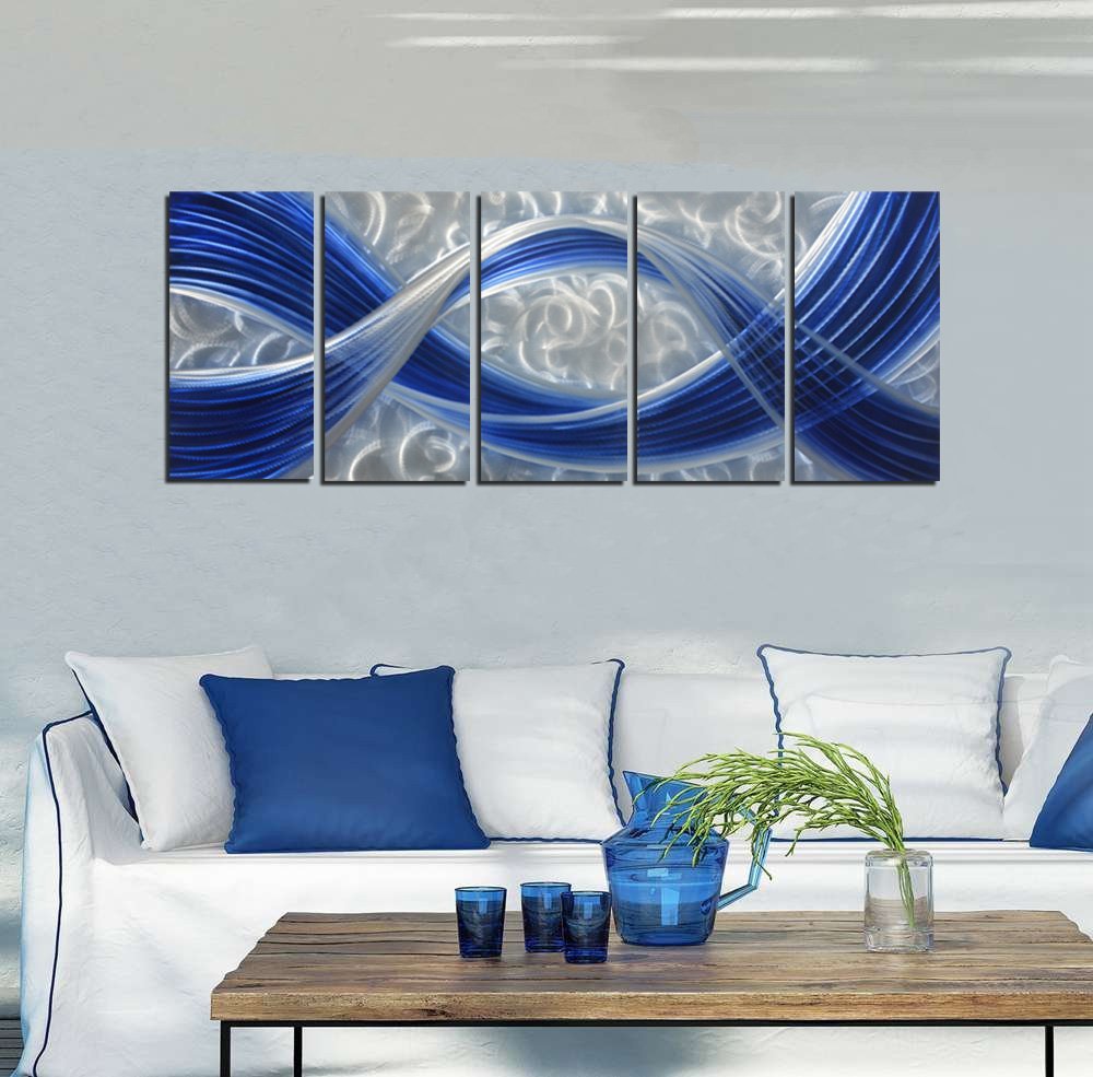 5-Panel Abstract Metal Wall Art, Dark Blue Lines on Silver Aluminum Background, Modern Indoor and Outdoor Wall Sculpture 64"x24"