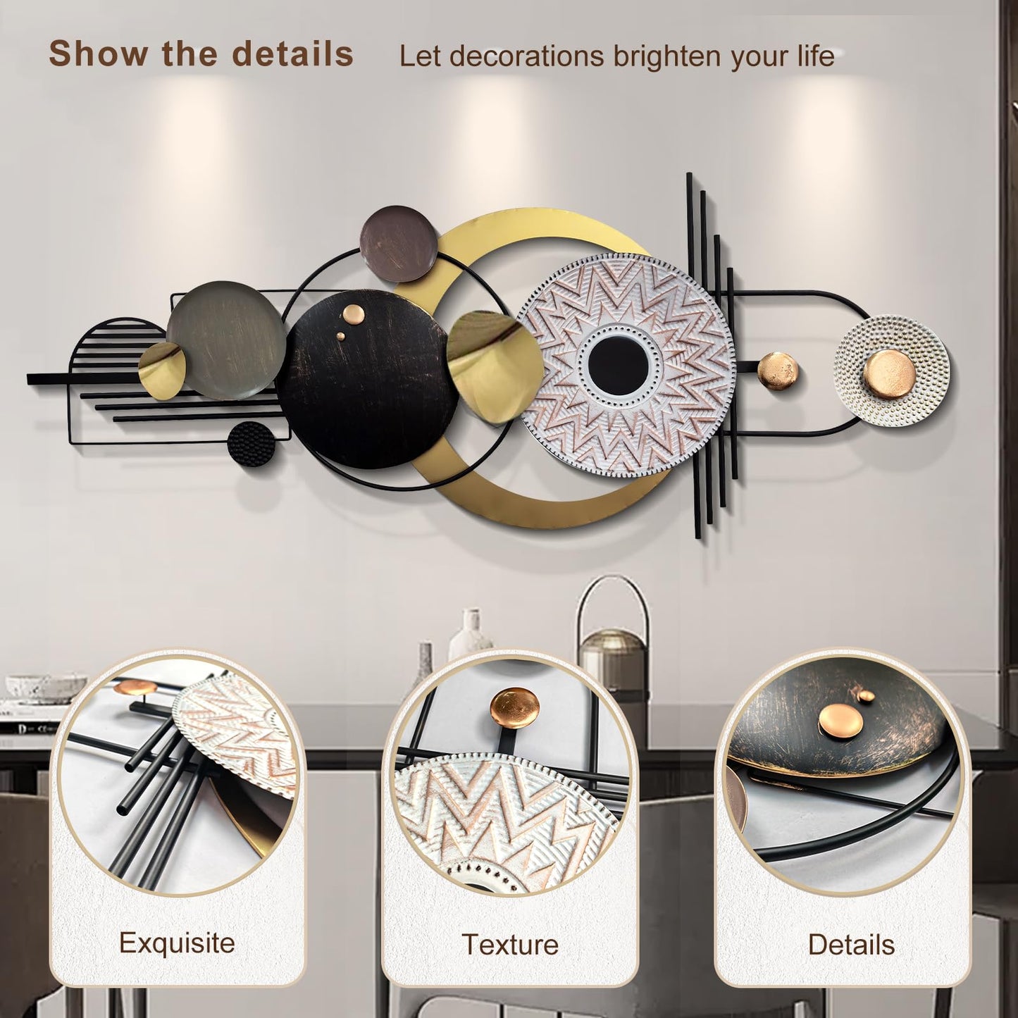 ERMOFAV Modern Metal Wall Art, Large 3D Geometric Circular Wall Decor Sculpture, Textured Metal Art for Living Room, Bedroom, or Den (59" x 24")