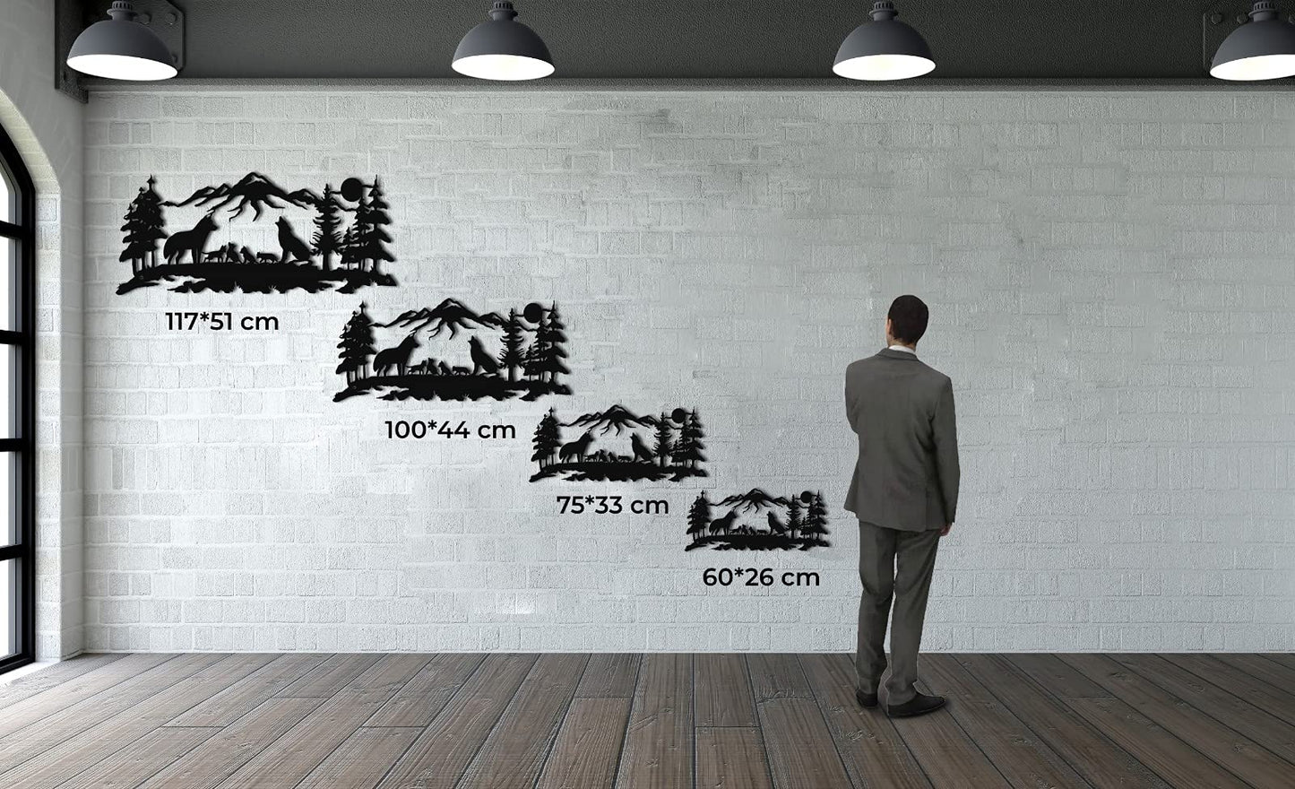 Wolves Family Metal Wall Art, Nature Scene with Mountains and Trees, Decorative Wall Sculpture 40"x17"