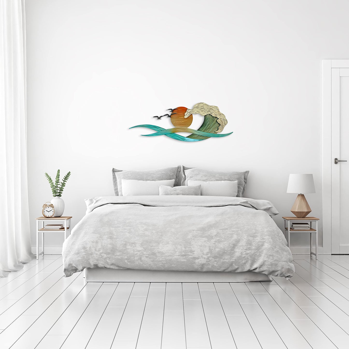 Waves and Sun Coastal Metal Wall Art, Contemporary Stainless Steel Beach and Ocean Wall Decor