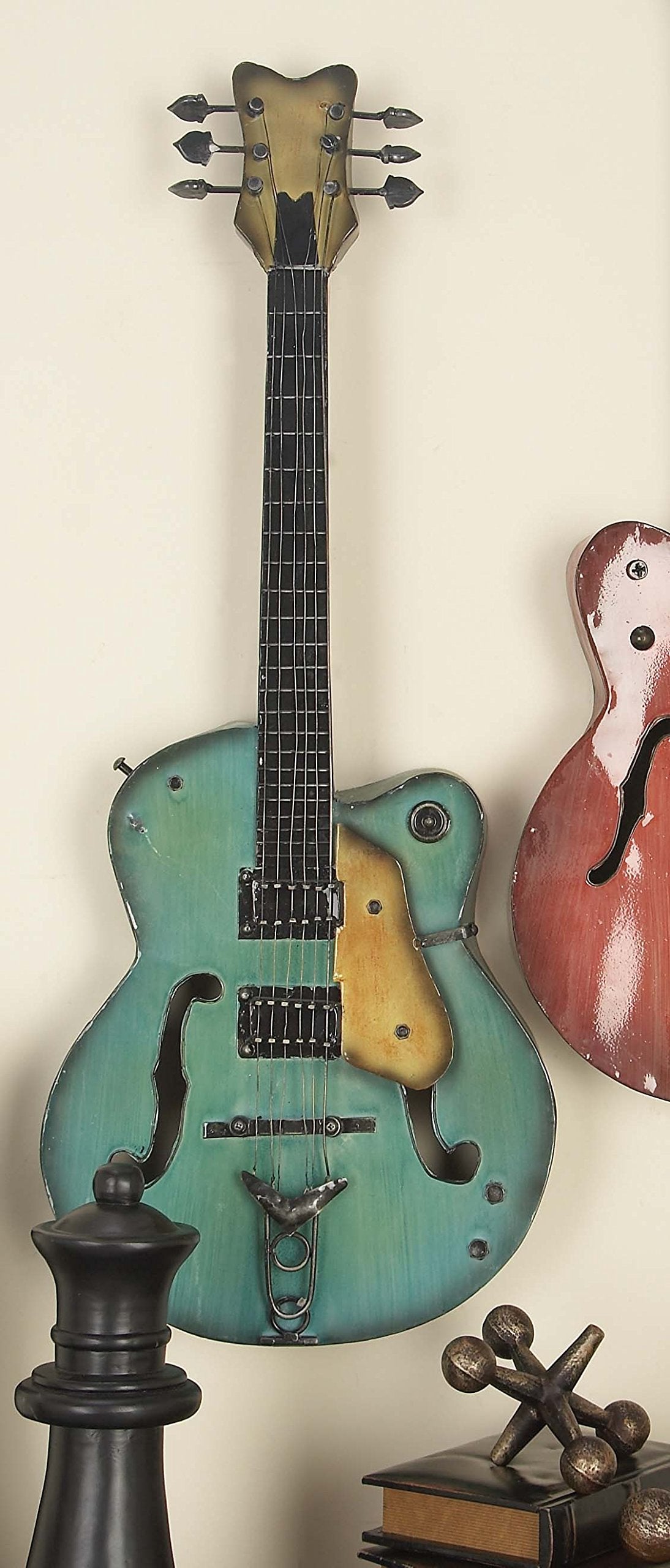 Set of 2 Metal Guitar Wall Art Sculptures, Multi-Colored Decorative Wall Decor for Home or Studio 14"x35"