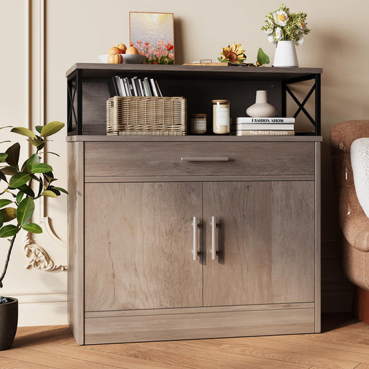 31" Modern Sideboard Buffet Cabinet with Adjustable Shelf, Wood Farmhouse Coffee Bar Storage for Kitchen or Dining Room, Ash Grey