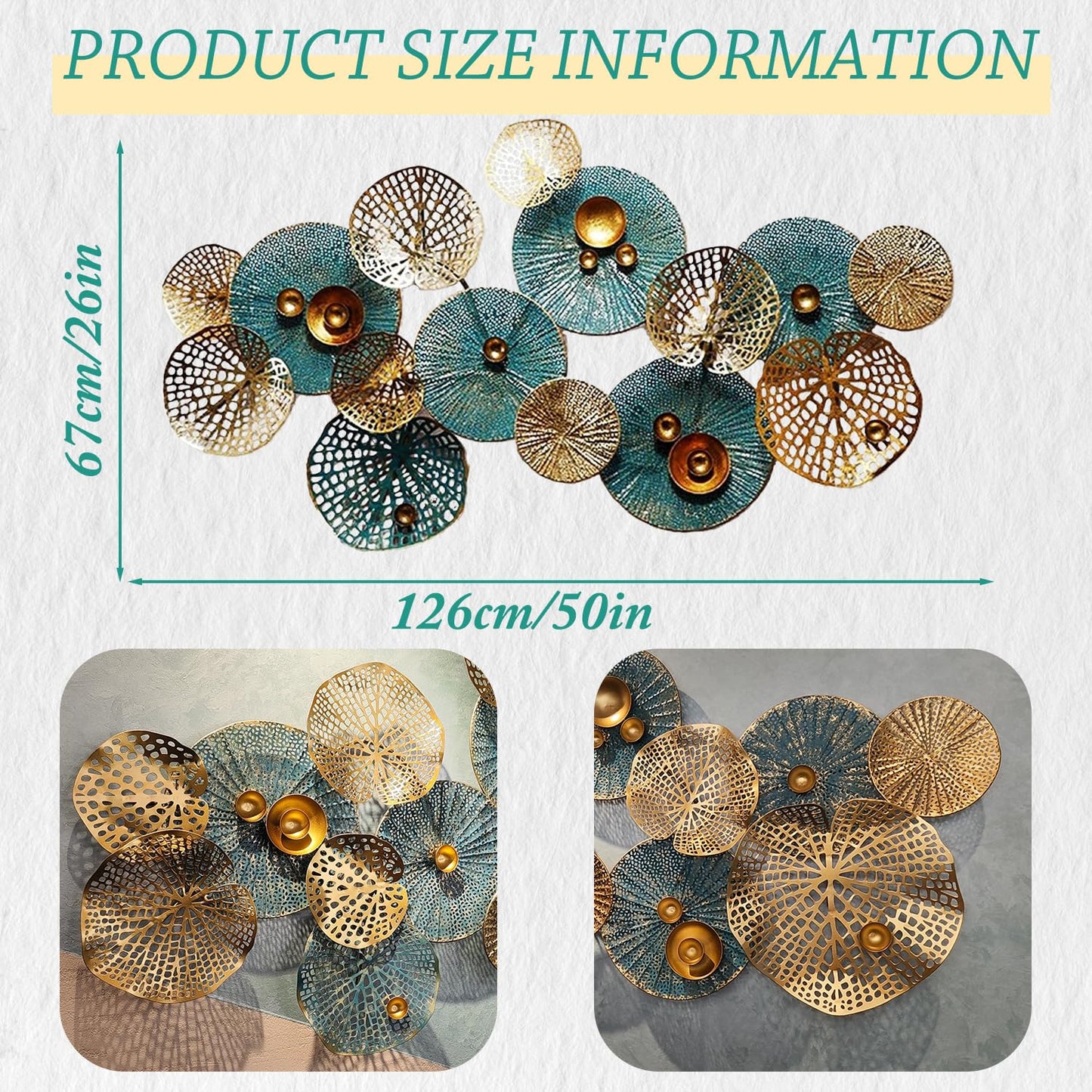 Metal Wall Decor for Living Room, 3D Stacked Leaves Lotus Flower Metal Wall Art, Modern Hanging Wall Decoration, 50" x 26"