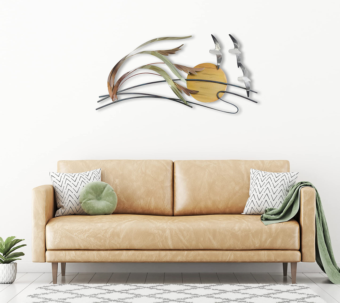 Contemporary Coastal Seagulls and Sea Oats Metal Wall Art with Sun, Handmade Stainless Steel Beach Decor