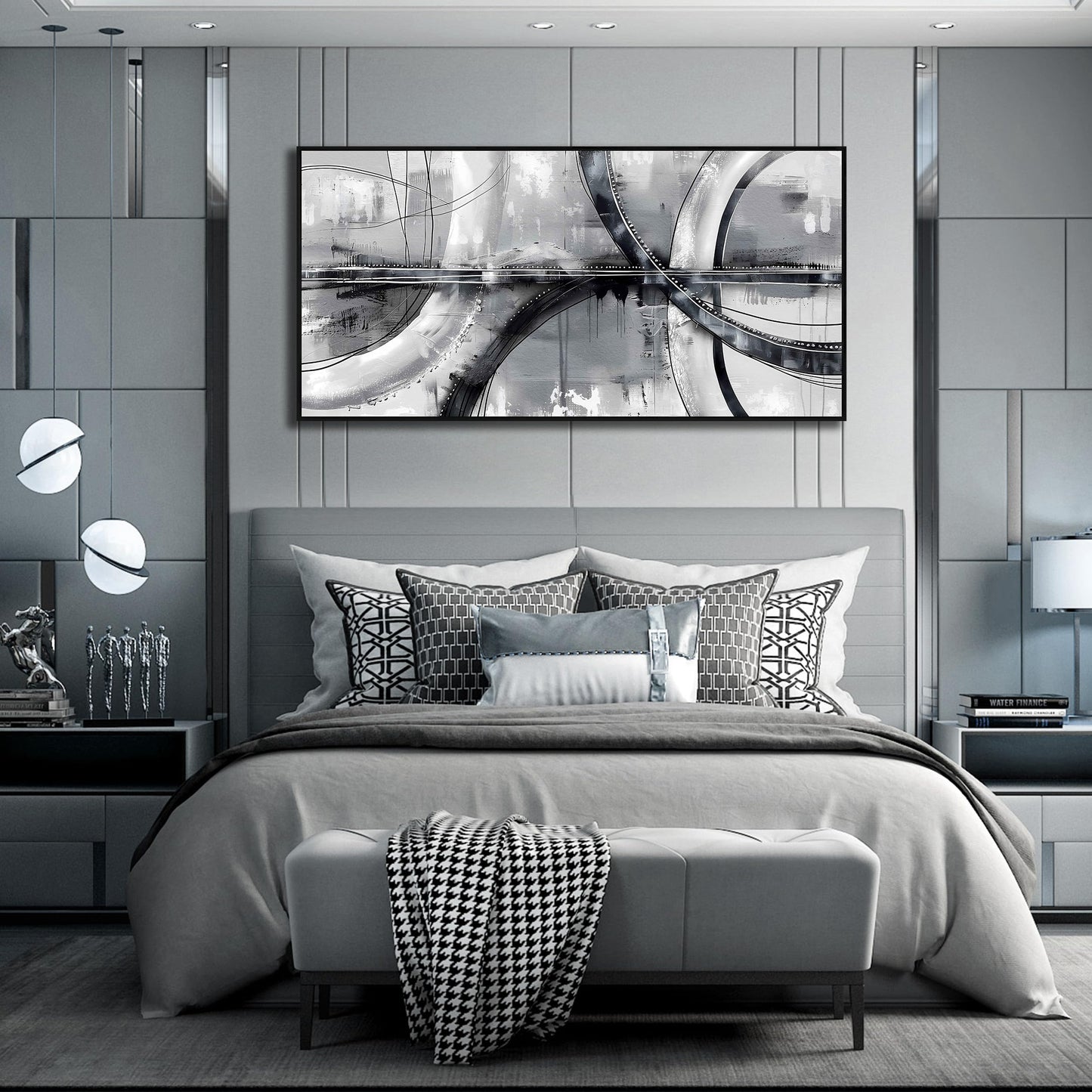 Abstract Black and White Framed Wall Art, Grey Painting for Bedroom or Gallery Home Decor 24"x48"