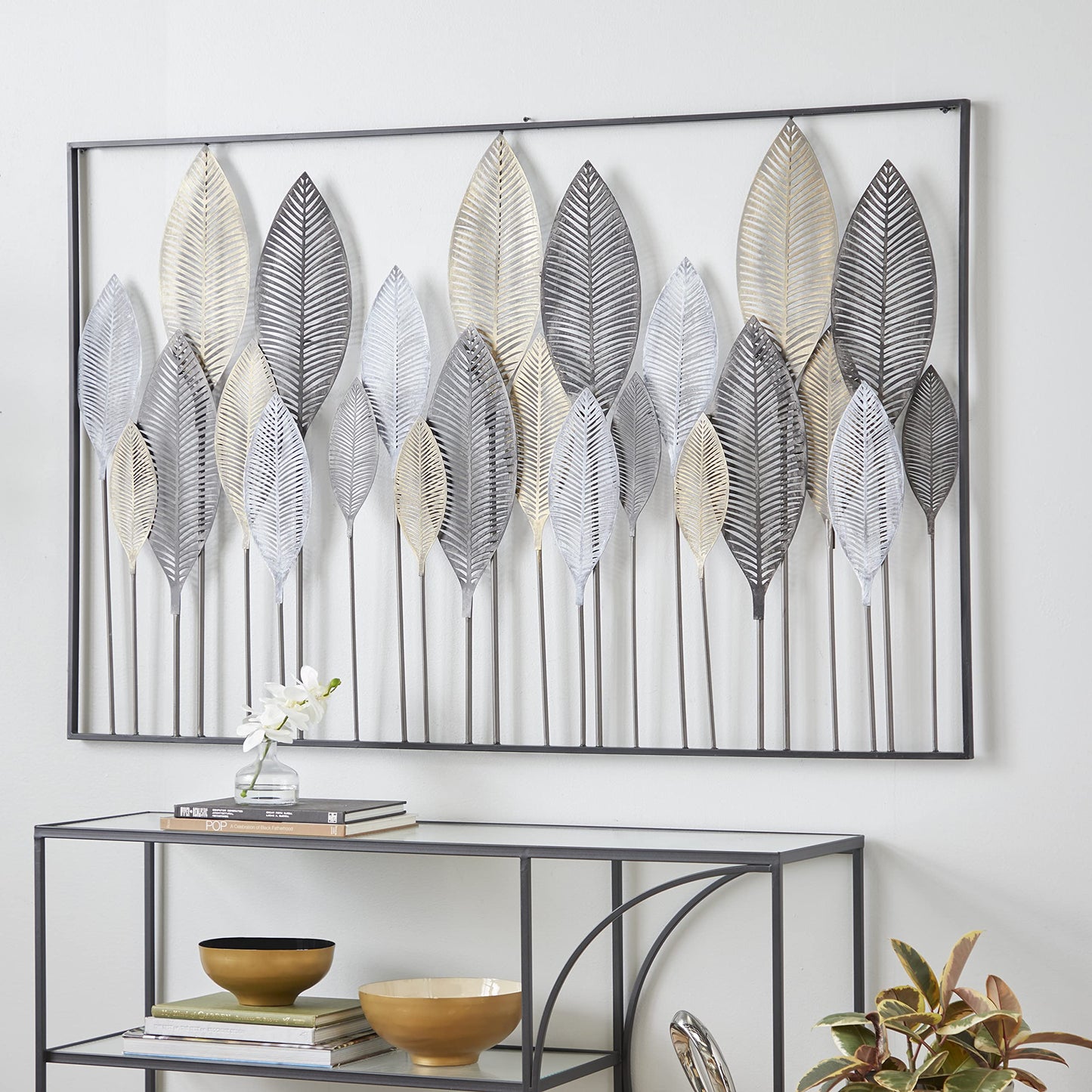 Deco 79 Metal Leaf Wall Decor, Tall Cut-Out Wall Sculpture with Intricate Laser Cut Designs, 59" x 1" x 37", Bronze