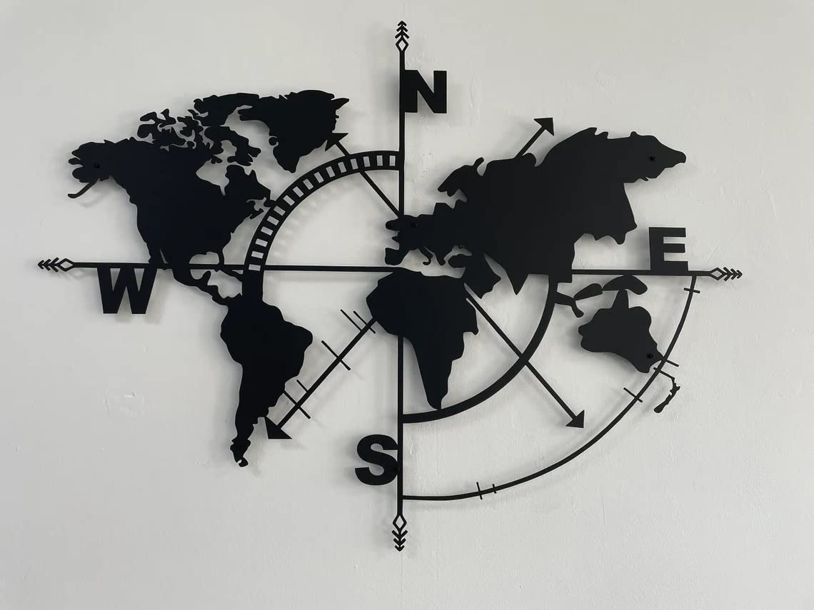 Metal World Map Wall Art, Black Decorative Wall Sculpture for Home, Office, Bedroom or Living Room 47"x36"