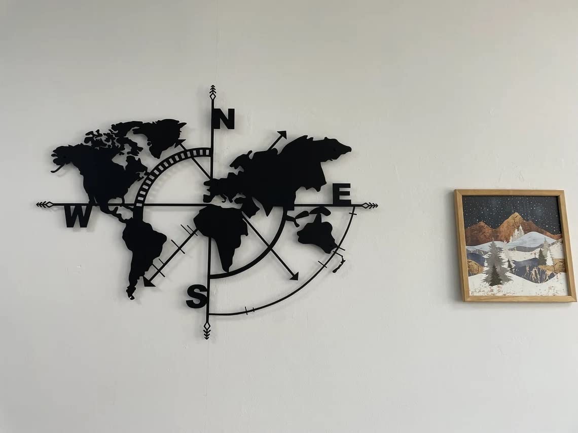 Metal World Map Wall Art, Black Decorative Wall Sculpture for Home, Office, Bedroom or Living Room 47"x36"