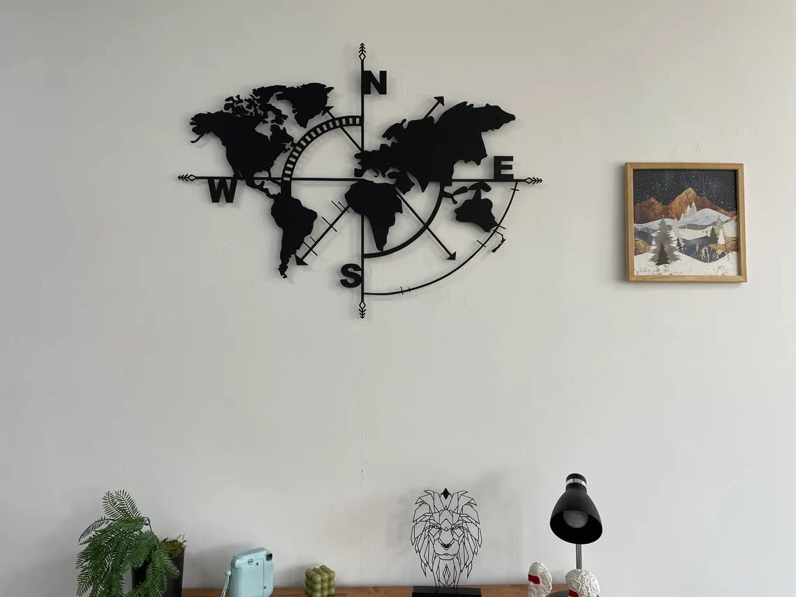 Metal World Map Wall Art, Black Decorative Wall Sculpture for Home, Office, Bedroom or Living Room 47"x36"
