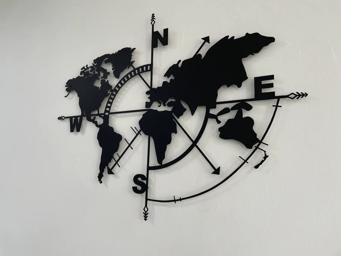 Metal World Map Wall Art, Black Decorative Wall Sculpture for Home, Office, Bedroom or Living Room 47"x36"