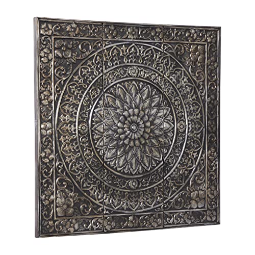 Metal Floral Wall Art with Embossed Scroll Design and Gray Backing, Decorative Wall Sculpture 36"x36", Silver