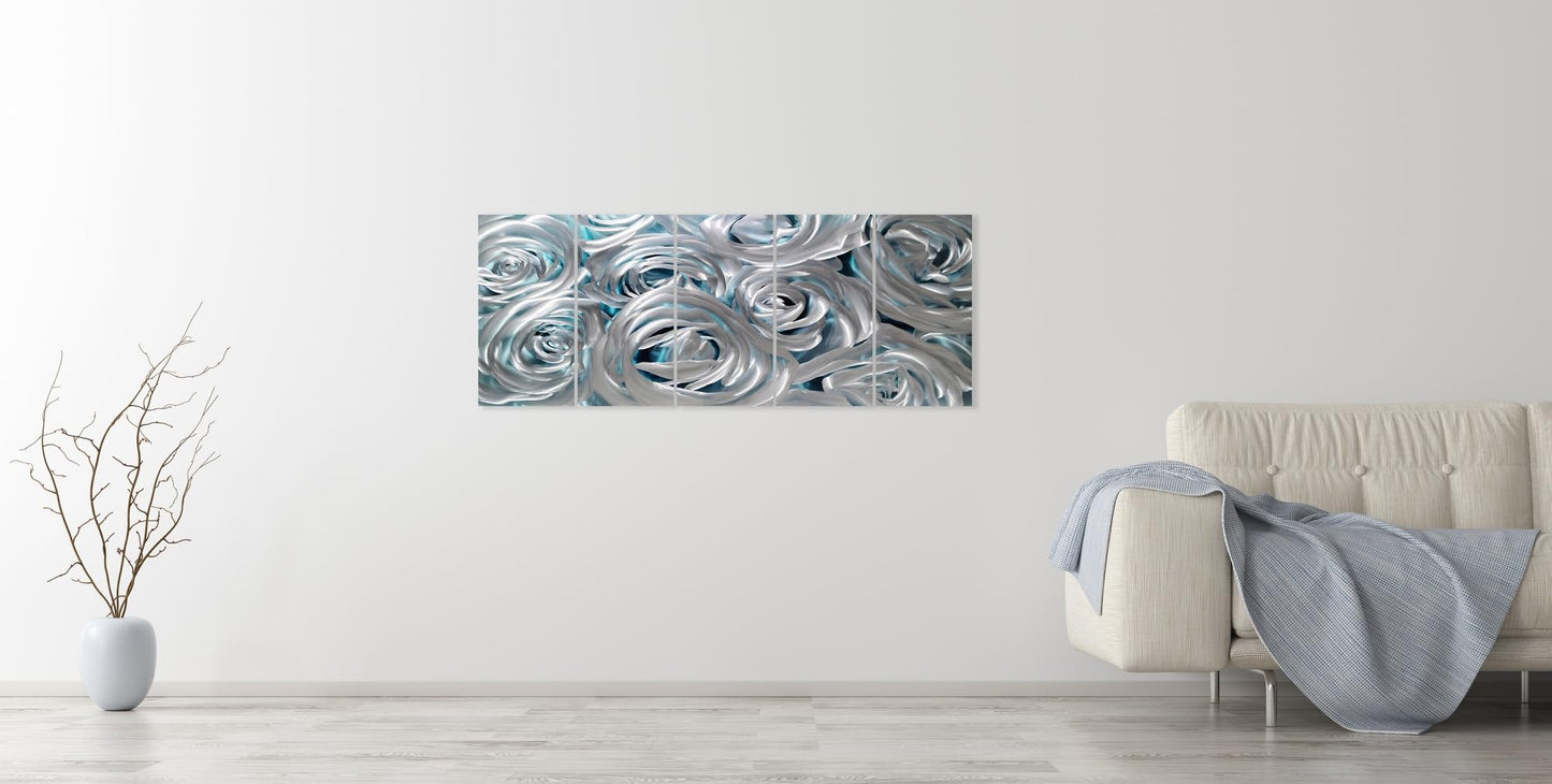 Huge Silver Flower Metal Wall Art, Handcrafted Wall Sculpture Set for Living Room Decor