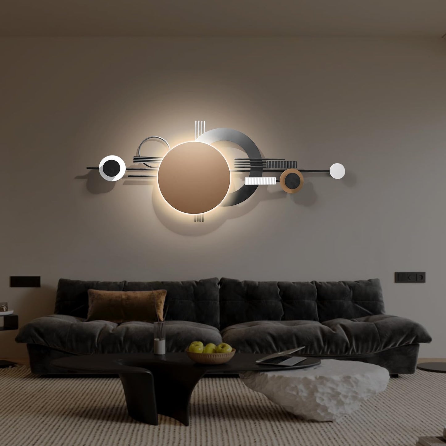 Modern Geometric Metal Wall Art with Lights, Black and Brown Decorative Wall Sculpture for Living Room or Office 49.2"x19.2"