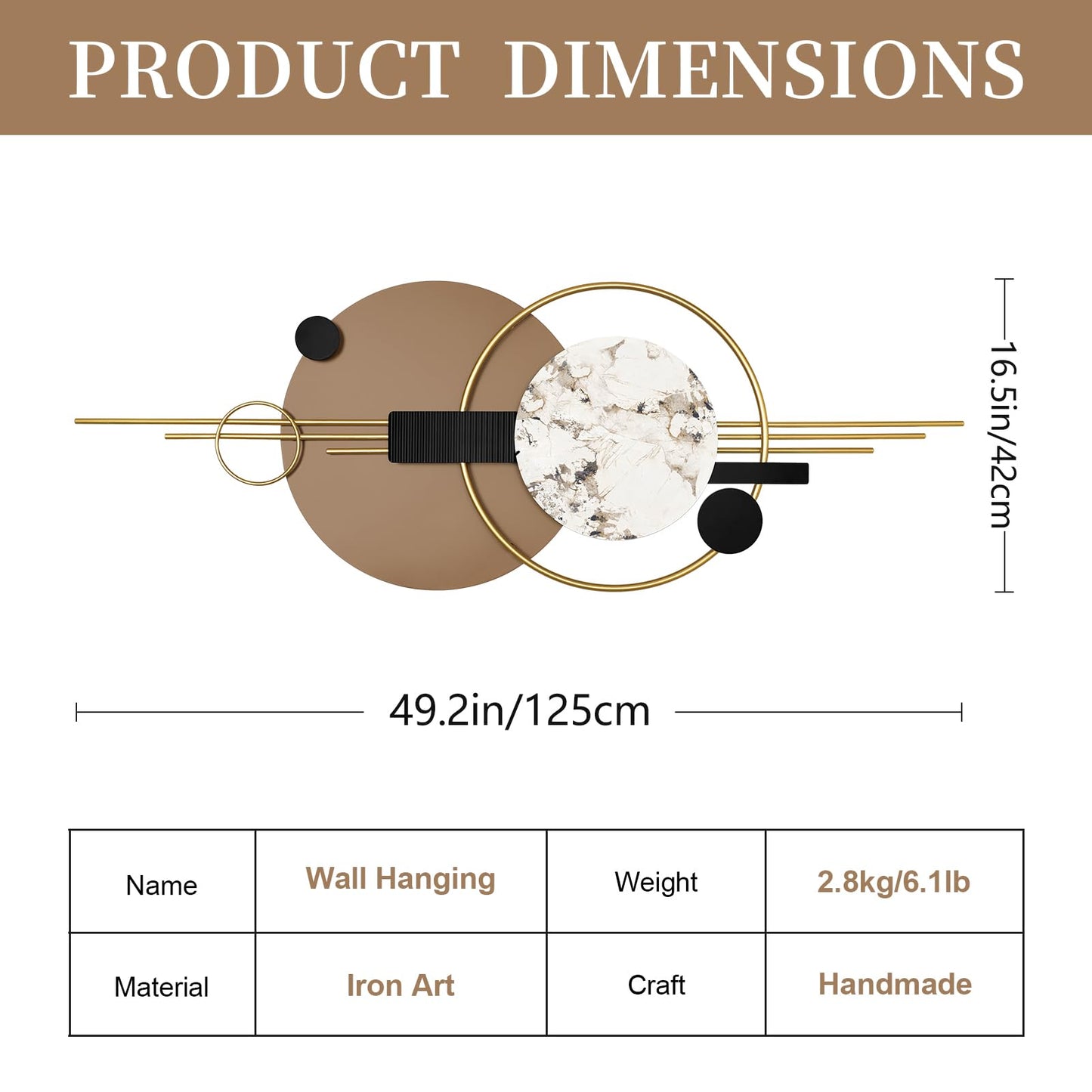 Large Metal Abstract Wall Art with Light, 16.5" x 49.2" Modern Geometric Wall Sculpture for Living Room, Black and Brown