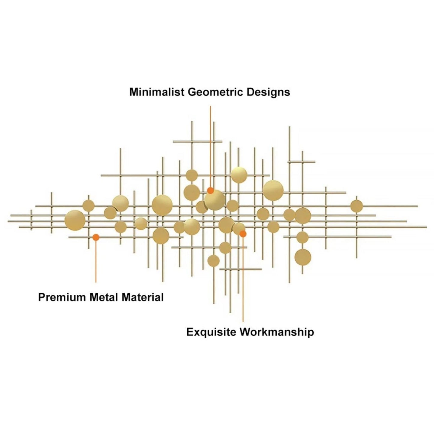 Modern Gold Abstract Metal Wall Art with Geometric Bars and Dots, Large Decorative Accent for Living Room, Bedroom or Hallway 58.3"