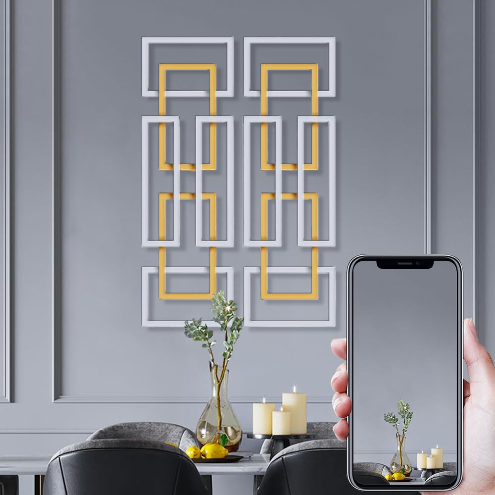 Set of 2 Modern Abstract 3D Metal Wall Art, Gold and Silver Rectangle Wall Sculptures for Living Room, Bedroom or Office