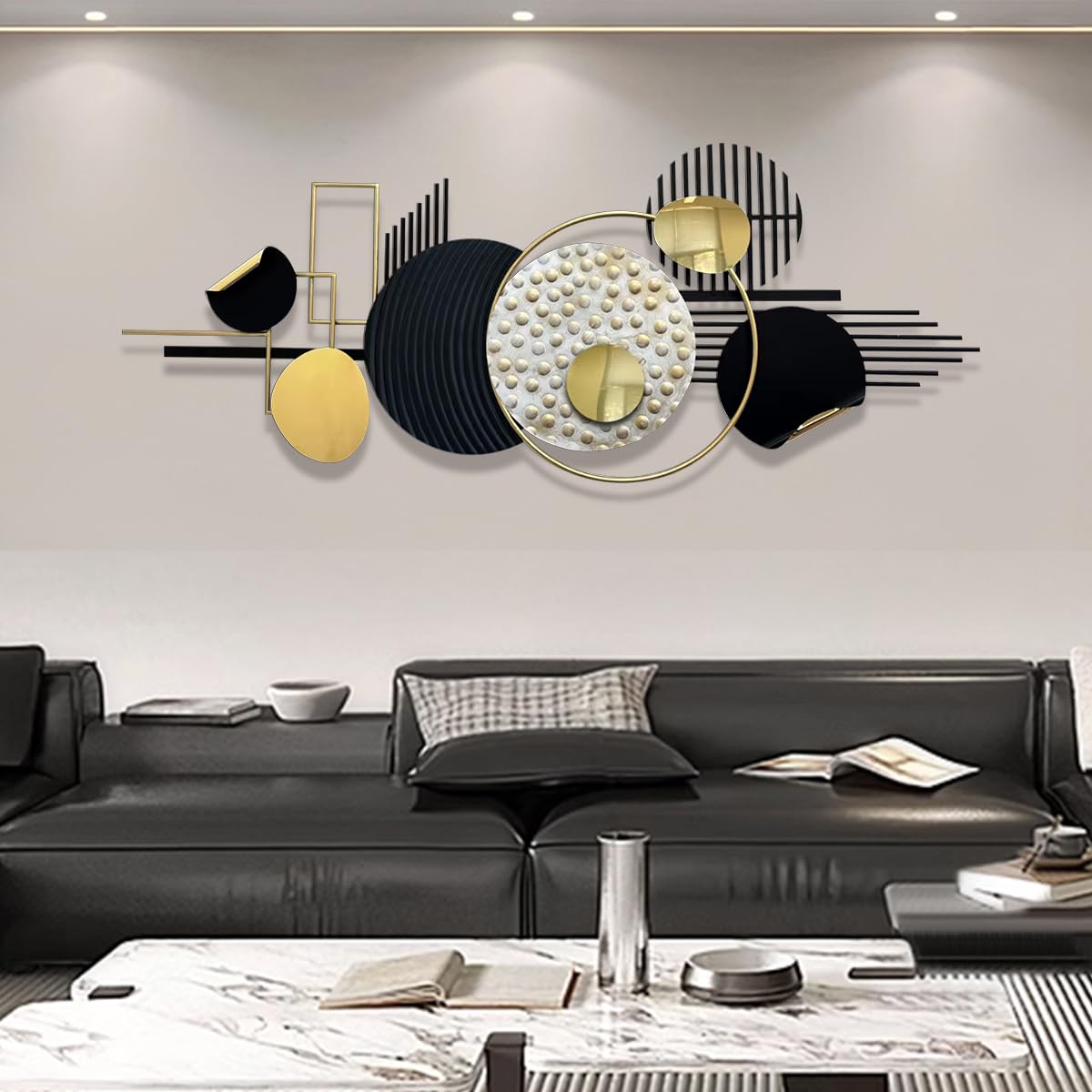 Metal Wall Art in Black and Gold, Modern Abstract Geometric Sculpture for Living Room, Dining Room, Bedroom, or Bathroom Decor