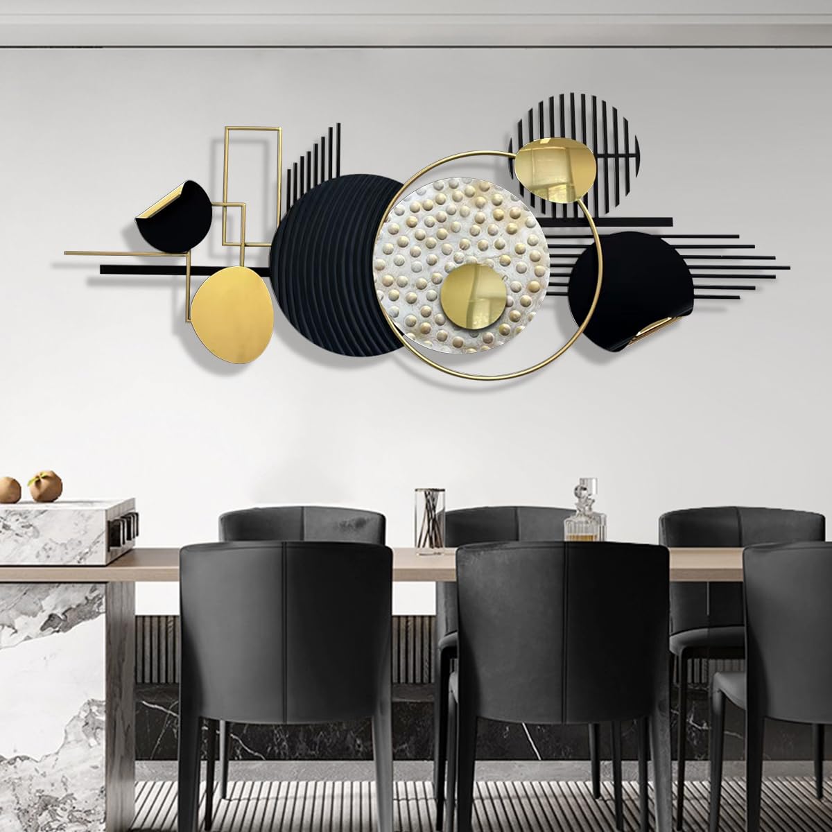Metal Wall Art in Black and Gold, Modern Abstract Geometric Sculpture for Living Room, Dining Room, Bedroom, or Bathroom Decor