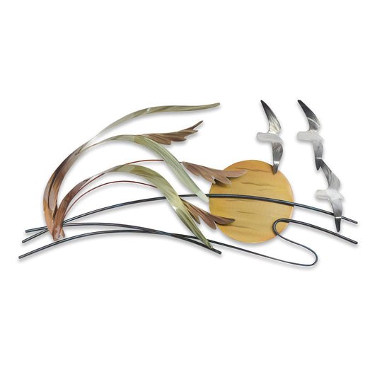 Contemporary Coastal Seagulls and Sea Oats Metal Wall Art with Sun, Handmade Stainless Steel Beach Decor