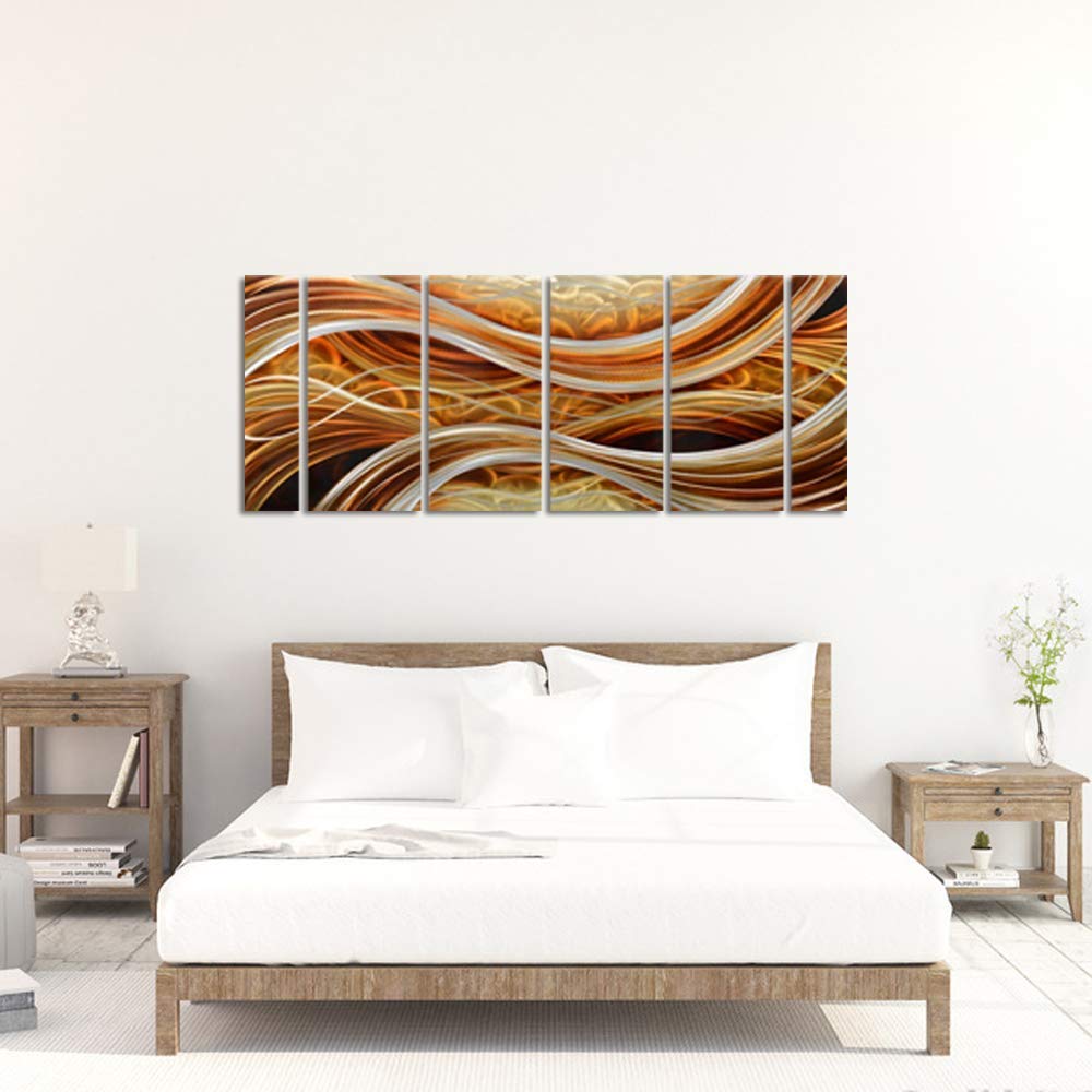 Set of 6 Handcrafted Aluminum Abstract Wall Art Panels, Modern Gold and Silver Wavy Metal Sculpture for Living Room, Office or Hotel Decor