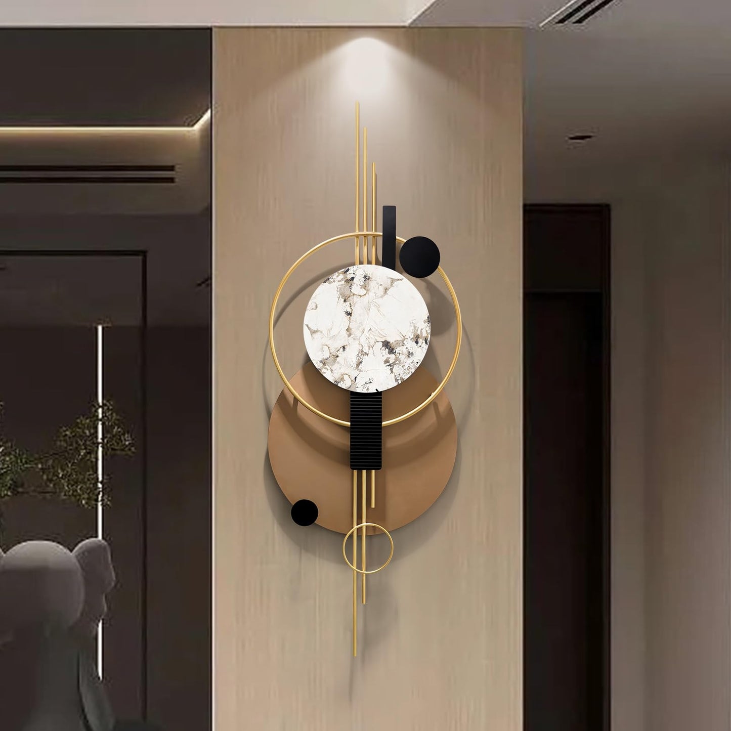 Large Metal Abstract Wall Art with Light, 16.5" x 49.2" Modern Geometric Wall Sculpture for Living Room, Black and Brown