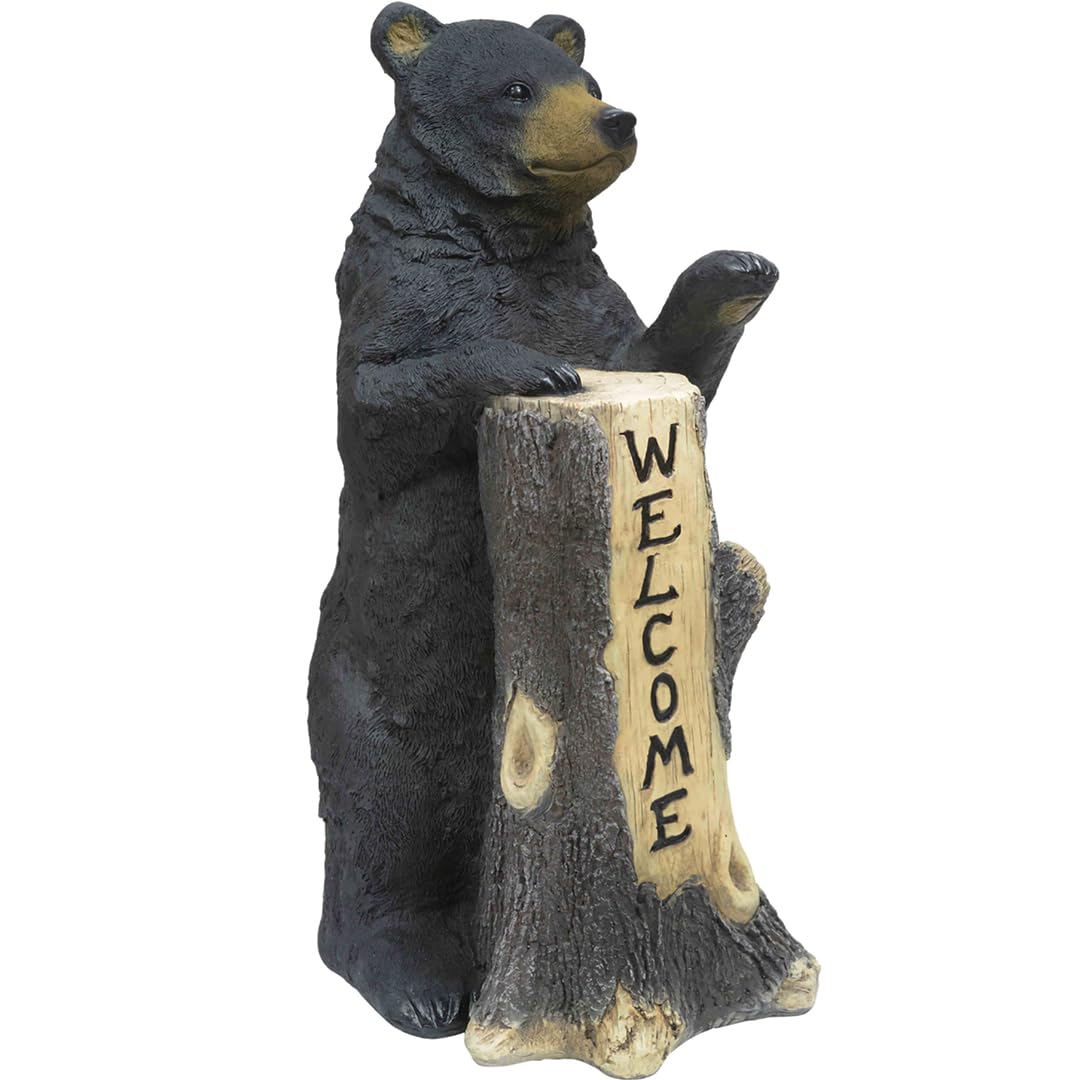 Standing Bear Tree Trunk Wooden Welcome Sign, Rustic Black Bear Wall Decor 14"x20"x35.5"