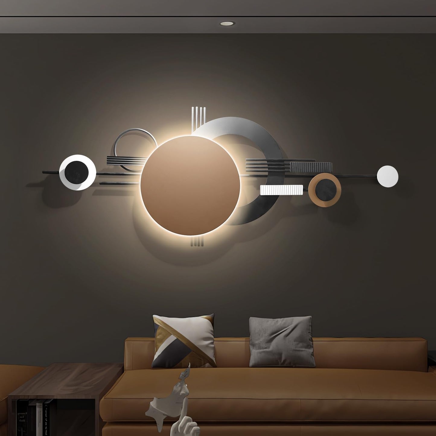 Modern Geometric Metal Wall Art with Lights, Black and Brown Decorative Wall Sculpture for Living Room or Office 49.2"x19.2"