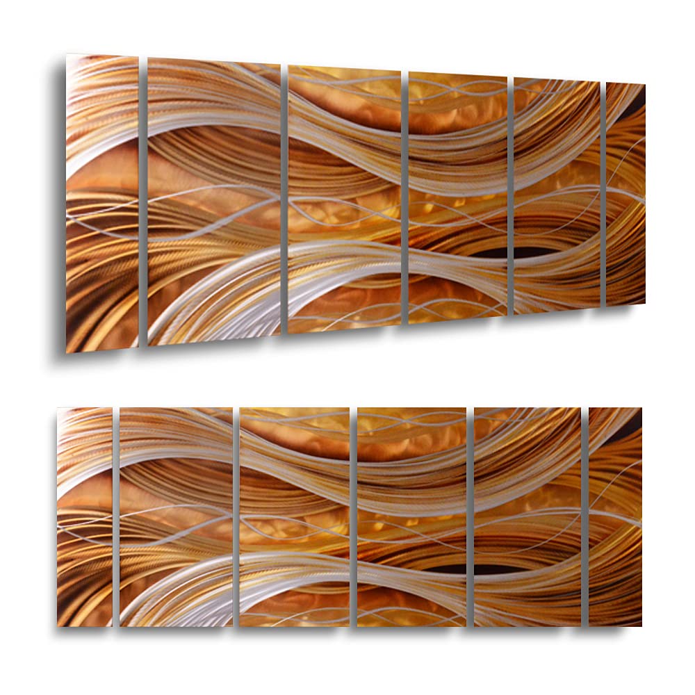 Set of 6 Handcrafted Aluminum Abstract Wall Art Panels, Modern Gold and Silver Wavy Metal Sculpture for Living Room, Office or Hotel Decor