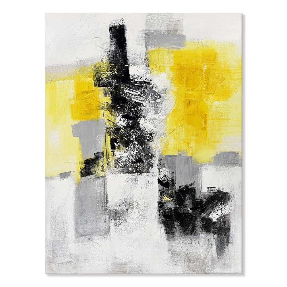 Yellow, Black and White Abstract Canvas Wall Art, Large Framed Painting for Bedroom, Living Room, Kitchen or Office 48"x32"