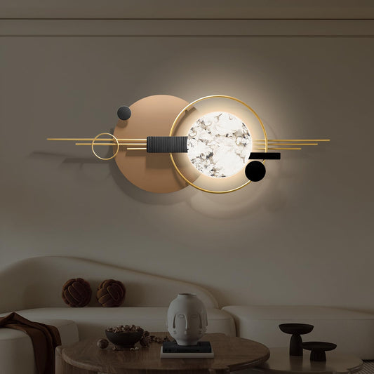 Large Metal Abstract Wall Art with Light, 16.5" x 49.2" Modern Geometric Wall Sculpture for Living Room, Black and Brown