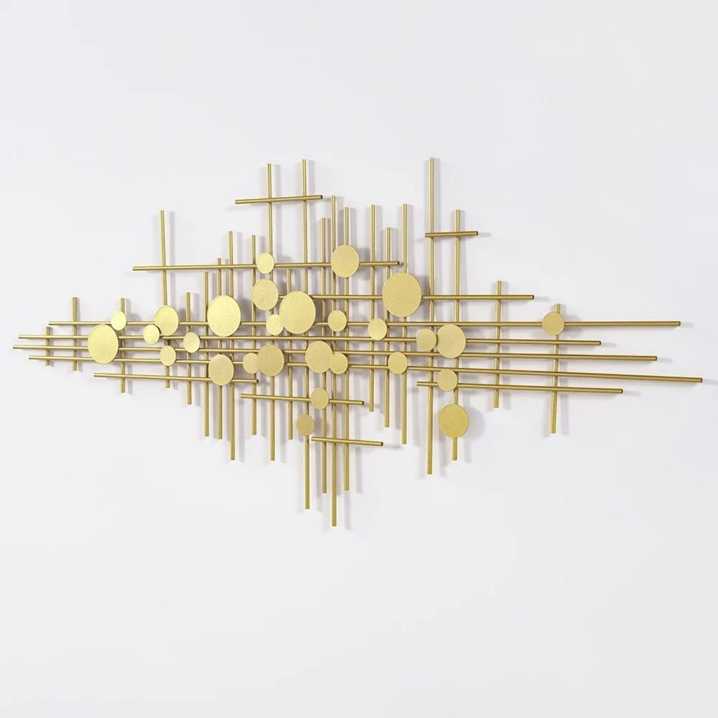 Modern Gold Abstract Metal Wall Art with Geometric Bars and Dots, Large Decorative Accent for Living Room, Bedroom or Hallway 58.3"