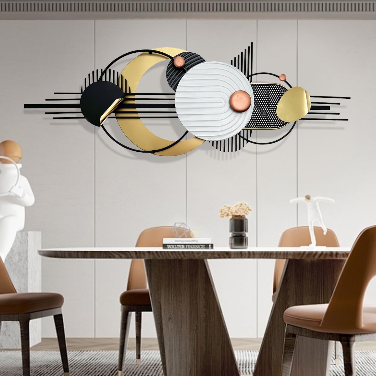 Modern Metal Wall Art, 3D Black, White & Gold Geometric Wall Sculpture, Minimalist Large Wall Decor for Living Room, Bedroom, Bathroom, or Study (59" x 21")
