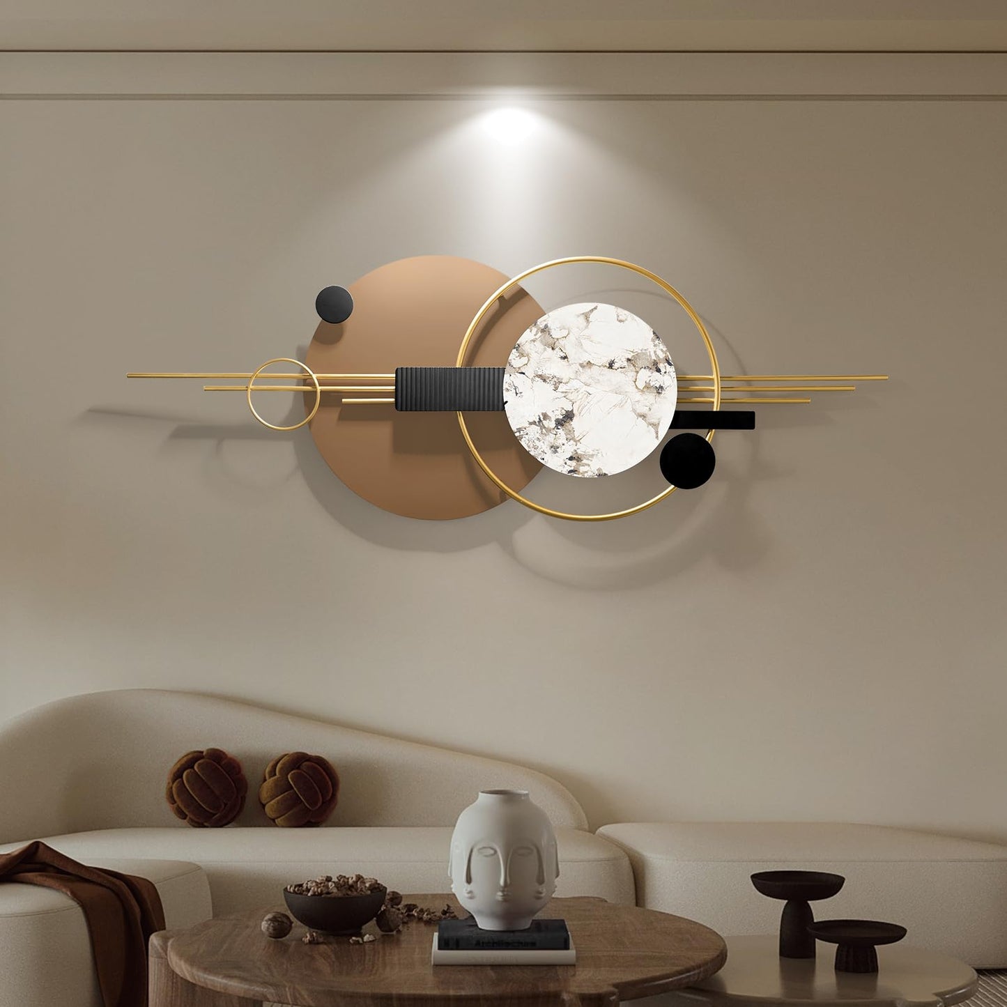 Large Metal Abstract Wall Art with Light, 16.5" x 49.2" Modern Geometric Wall Sculpture for Living Room, Black and Brown