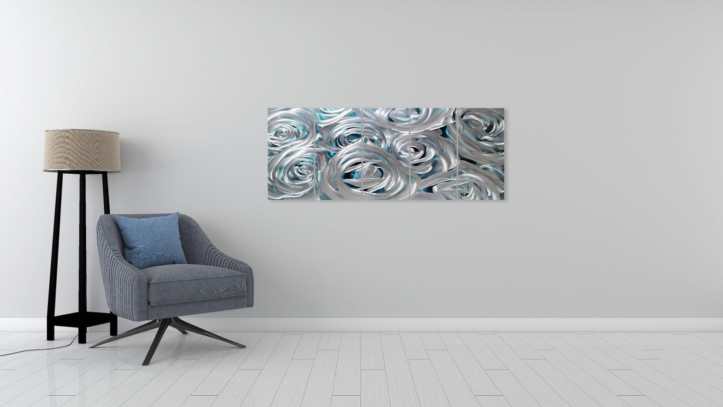 Huge Silver Flower Metal Wall Art, Handcrafted Wall Sculpture Set for Living Room Decor