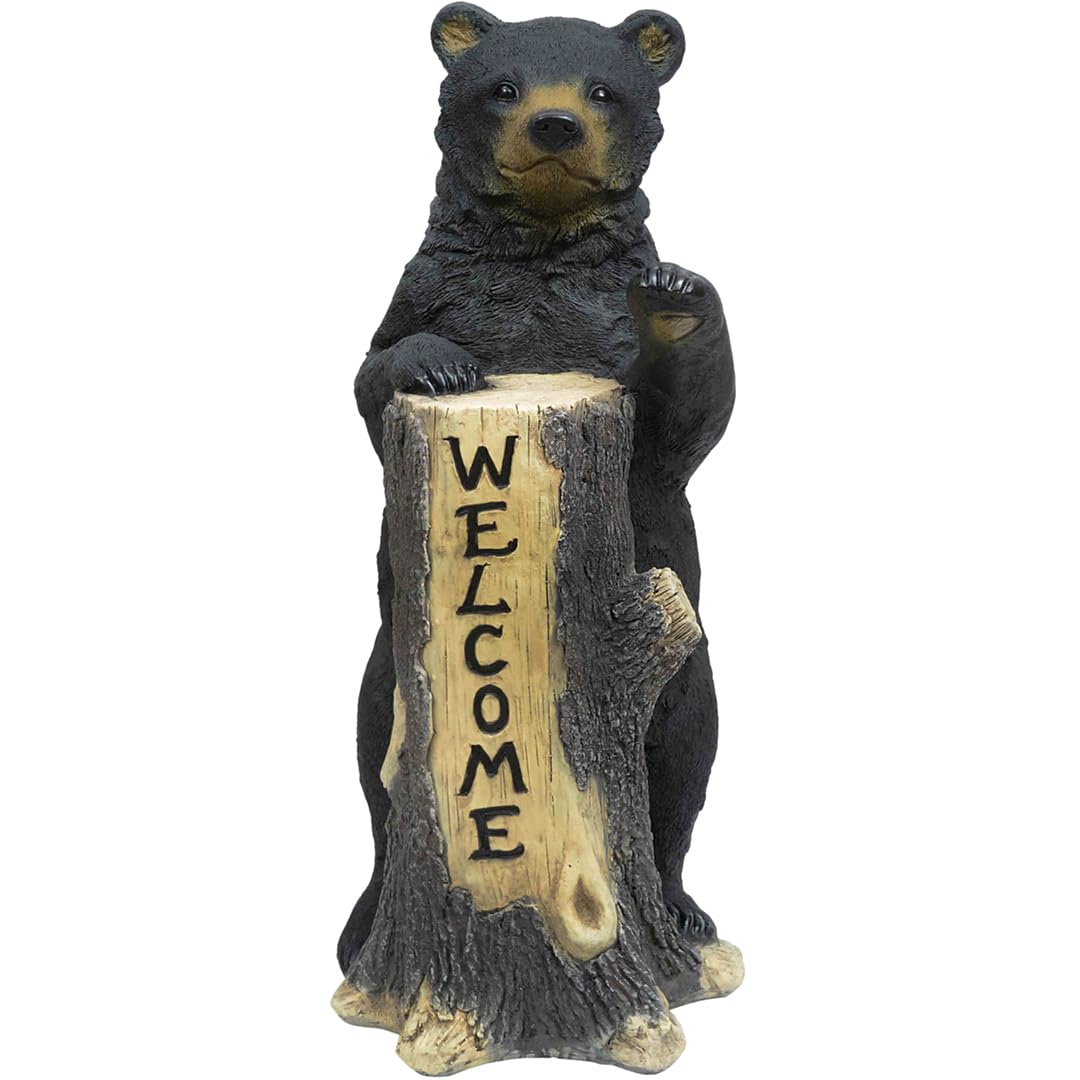 Standing Bear Tree Trunk Wooden Welcome Sign, Rustic Black Bear Wall Decor 14"x20"x35.5"