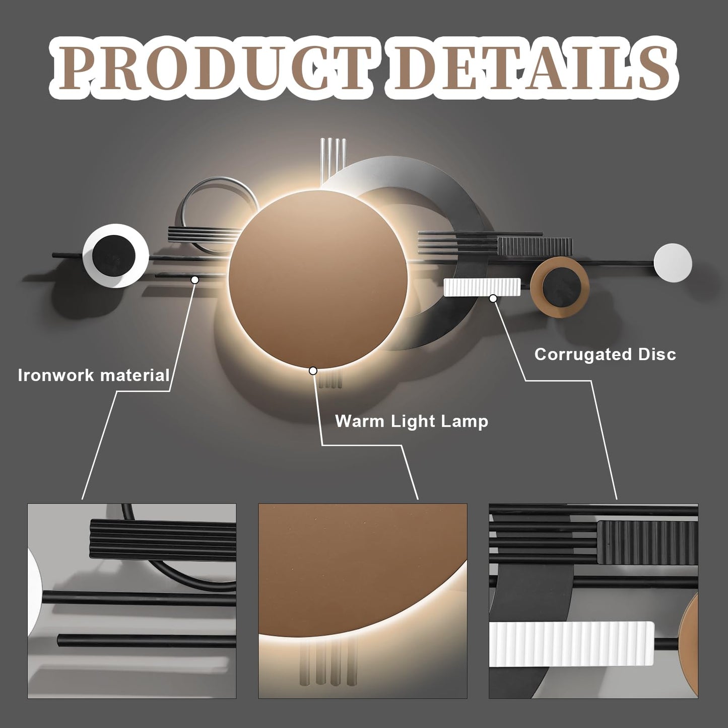 Modern Geometric Metal Wall Art with Lights, Black and Brown Decorative Wall Sculpture for Living Room or Office 49.2"x19.2"