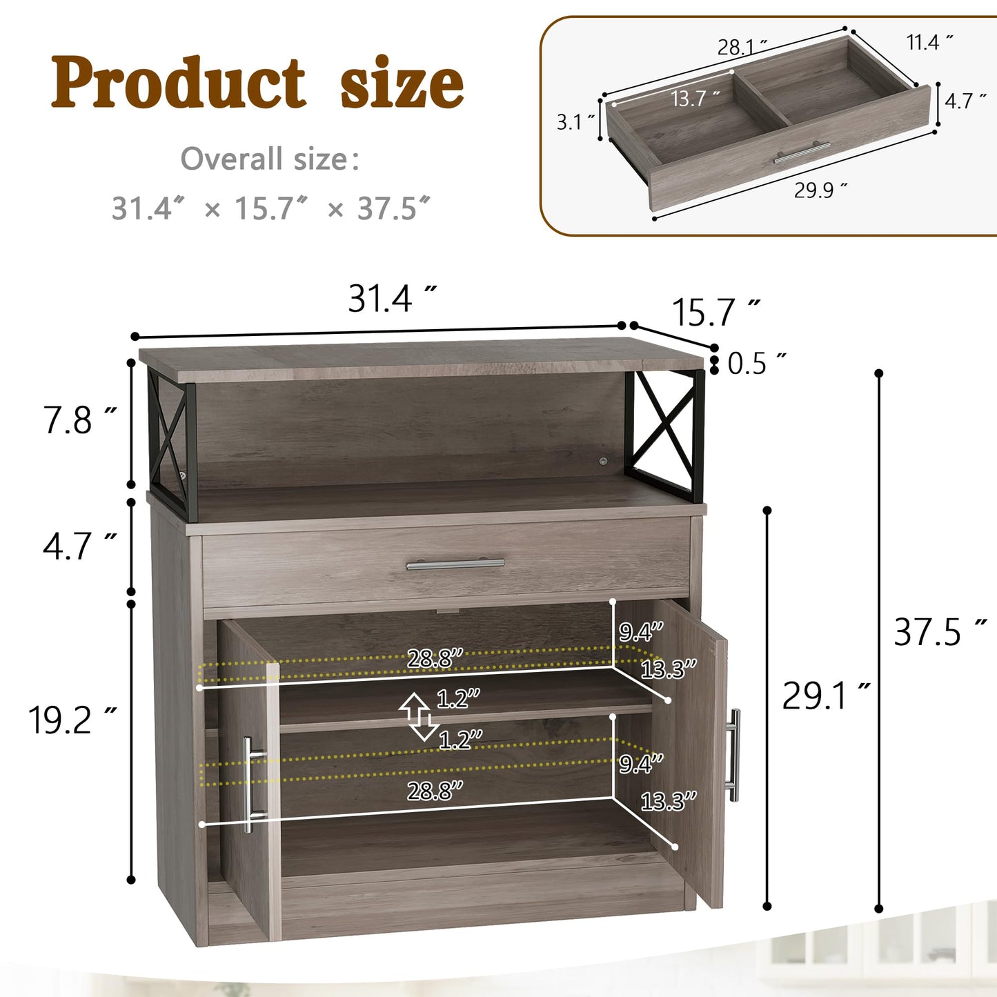 31" Modern Sideboard Buffet Cabinet with Adjustable Shelf, Wood Farmhouse Coffee Bar Storage for Kitchen or Dining Room, Ash Grey