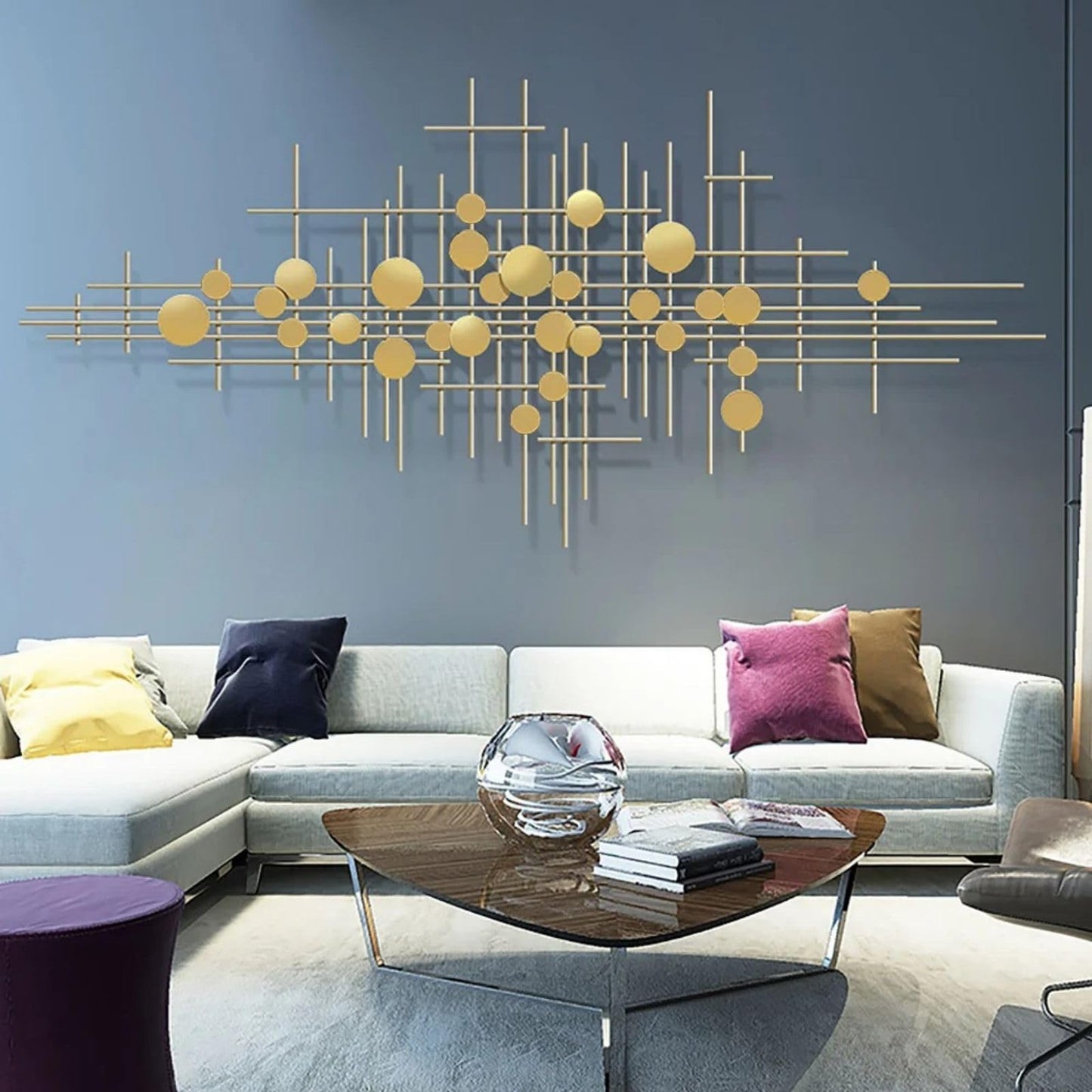 Modern Gold Abstract Metal Wall Art with Geometric Bars and Dots, Large Decorative Accent for Living Room, Bedroom or Hallway 58.3"