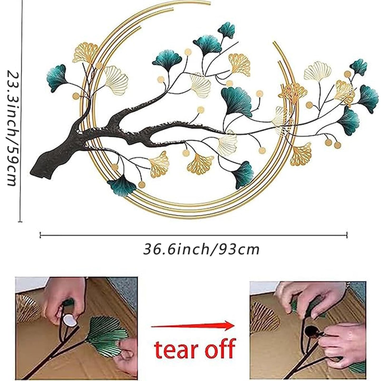 Futyli Large Metal Wall Art Decor, 3D Ginkgo Leaf Wall Sculpture, 36.6" Vertical Gold Metal Artwork for Bedroom and Dining Room Decoration