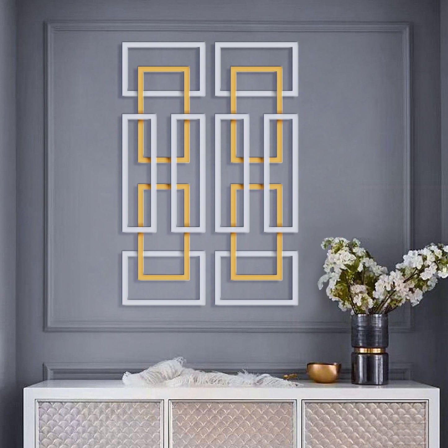 Set of 2 Modern Abstract 3D Metal Wall Art, Gold and Silver Rectangle Wall Sculptures for Living Room, Bedroom or Office